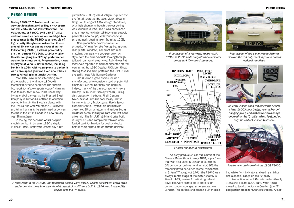 Volvo Cars 1945-1995: A Pictorial History Página com texto e várias fotos do carro Volvo P1800 em cores azul claro, branco e interior vermelho em revista histórica.