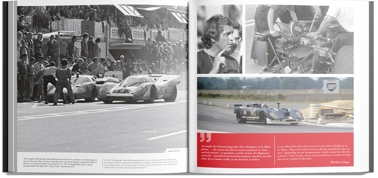 Porsche 917 - The Film - Premium Edition (Book & DVD) Livro aberto com fotos de carros de corrida antigos e texto em português e inglês.