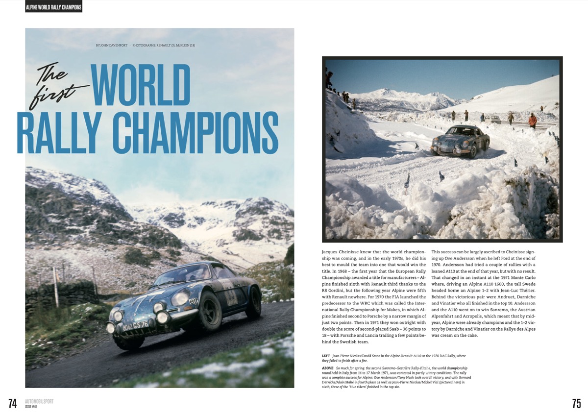 Alpine in racing and rallying 1952-1978 (Vol 46 automobilsport) Páginas de revista com fotos de carro de rali clássico azul na neve e texto sobre campeões de rali