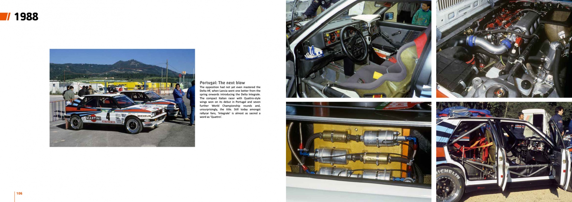 WRC 50 - The Story of the World Rally Championship 1973-2022 Várias imagens detalhadas de um carro de corrida BMW M3 de 1988, incluindo exterior, cockpit, motor e componentes internos.