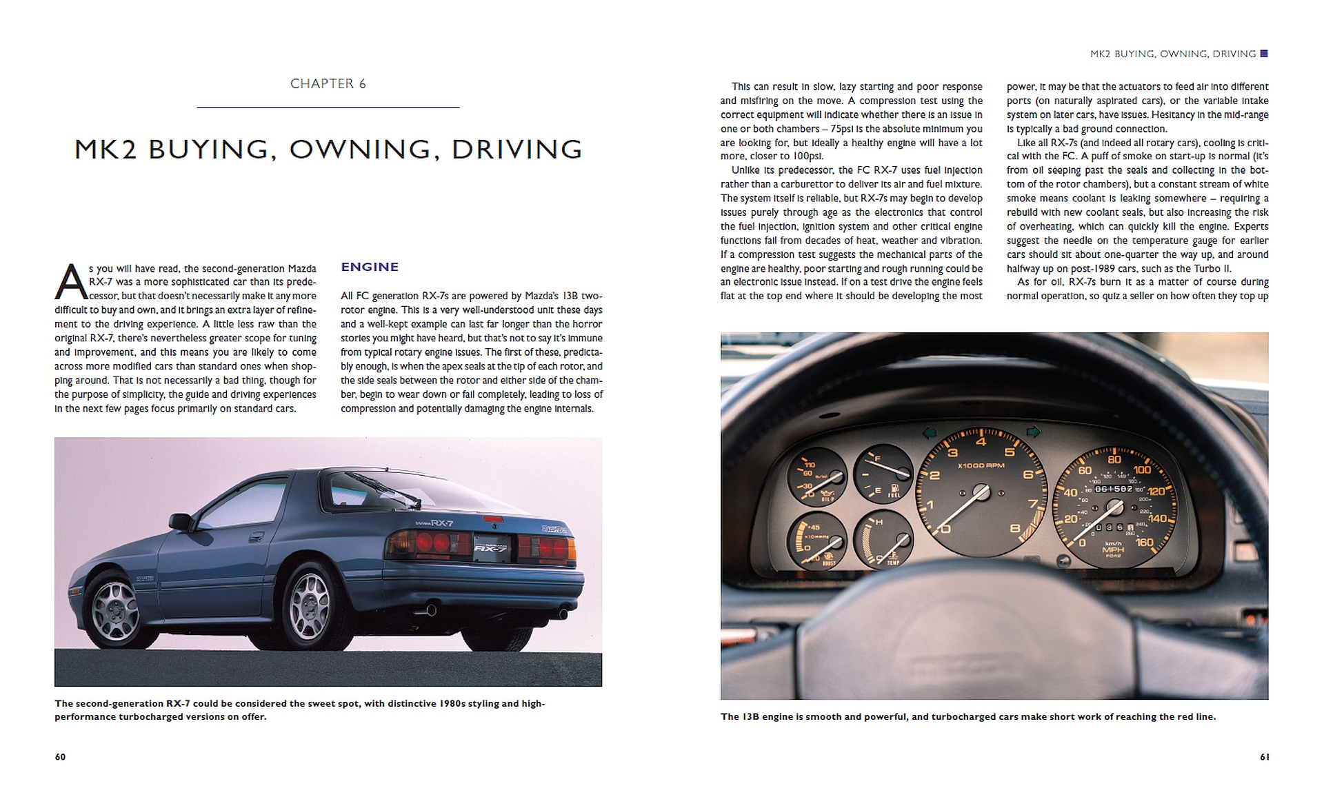 Mazda RX-7: The Complete Story Páginas de livro com texto, foto de um carro Mazda RX-7 azul e painel de instrumentos do carro.