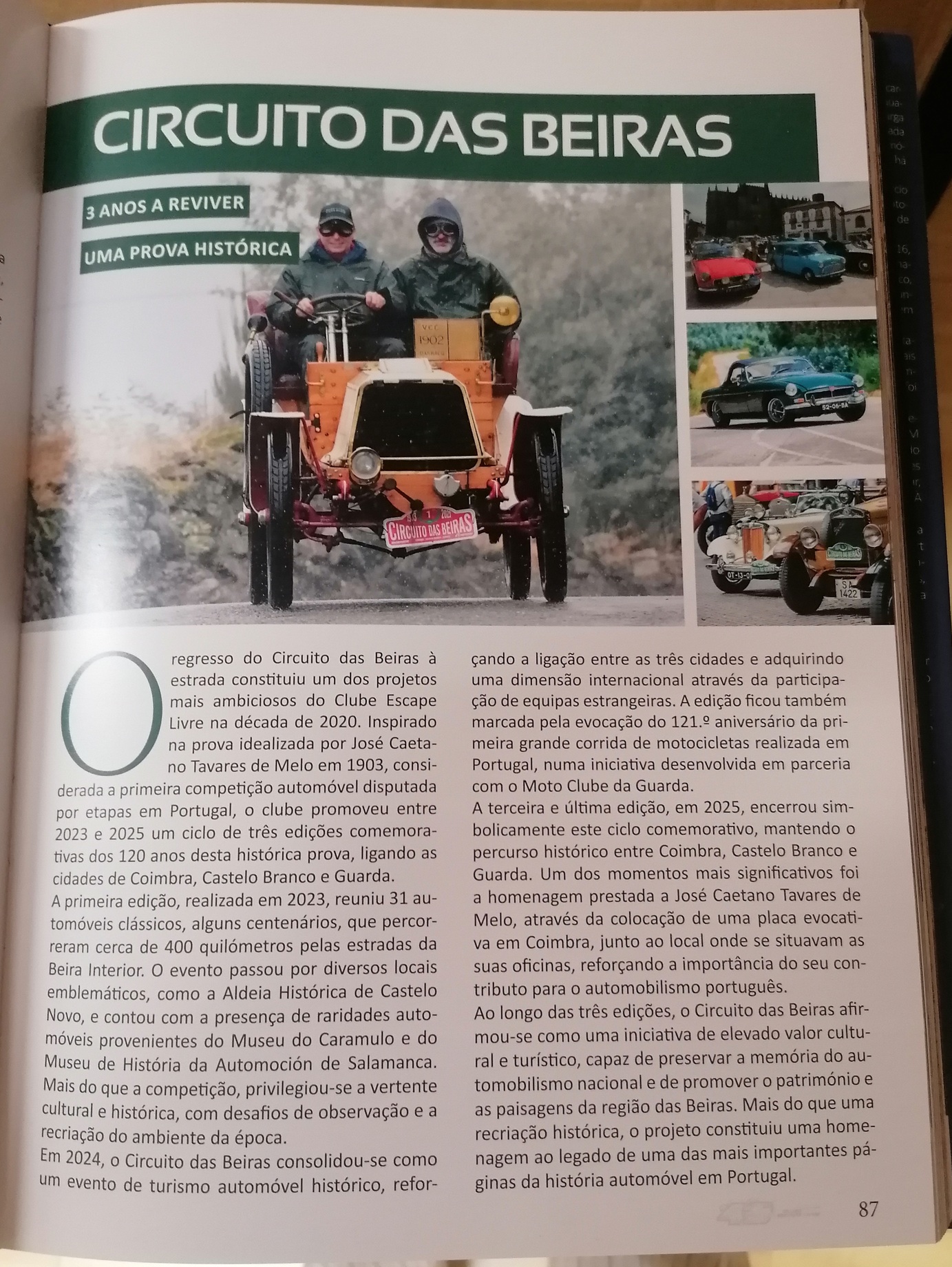 Clube Escape Livre - 40 anos de História e Aventura Página de revista com carro clássico e título Circuito das Beiras