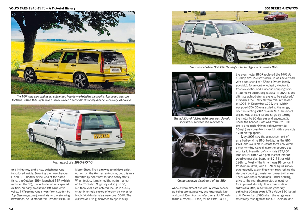Volvo Cars 1945-1995: A Pictorial History Páginas de livro com fotos e texto sobre carros Volvo série 850 em branco e amarelo