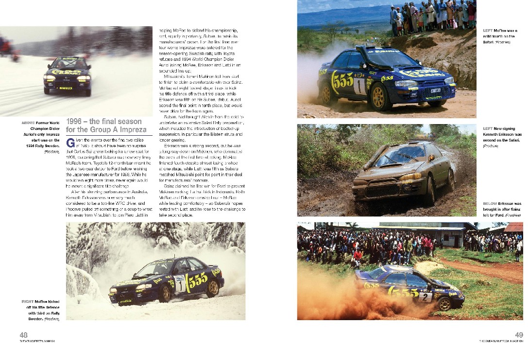 Subaru Impreza Group A Rally (1993-2008) Revista aberta com fotos de carros de rali a competir em terrenos de terra e textos explicativos.