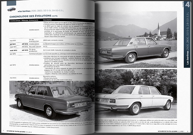 BMW 1500-2002, 2500-2800-3.0S, 3.0 CS (Vol 3) Páginas de revista com texto em francês e fotos em preto e branco de carros clássicos