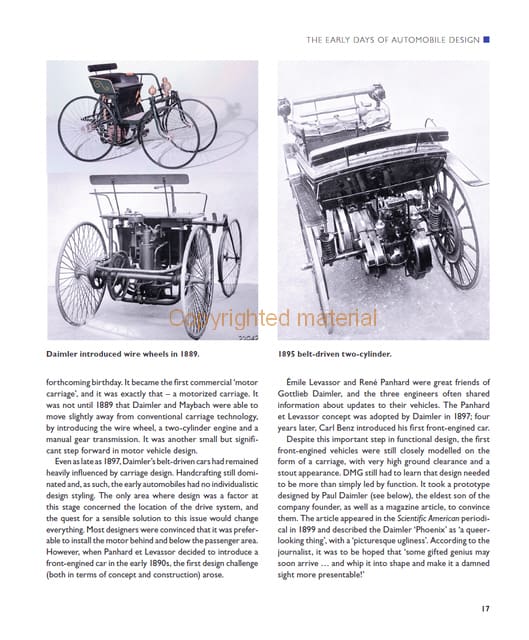 Bruno Sacco - Leading Mercedes-Benz Design 1979-1999 Duas fotografias de automóveis antigos, um da Daimler com rodas de arame e outro de 1895 com motor bicilíndrico exposto