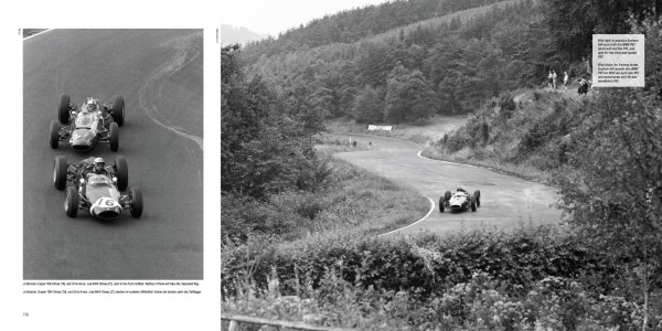 Grand Prix 1961-1965 - The 1.5 litre days in F1 Carros de corrida antigos numa estrada curva rodeada por vegetação densa em imagem a preto e branco