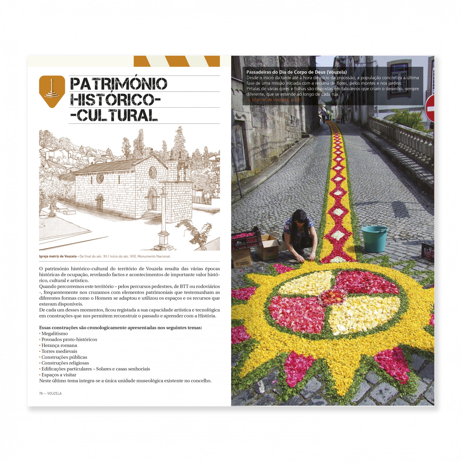 Vouzela: Parque Natural Local Vouga-Caramulo Duas páginas de livro mostrando texto e ilustração e uma foto de alfombra floral numa rua de calçada portuguesa