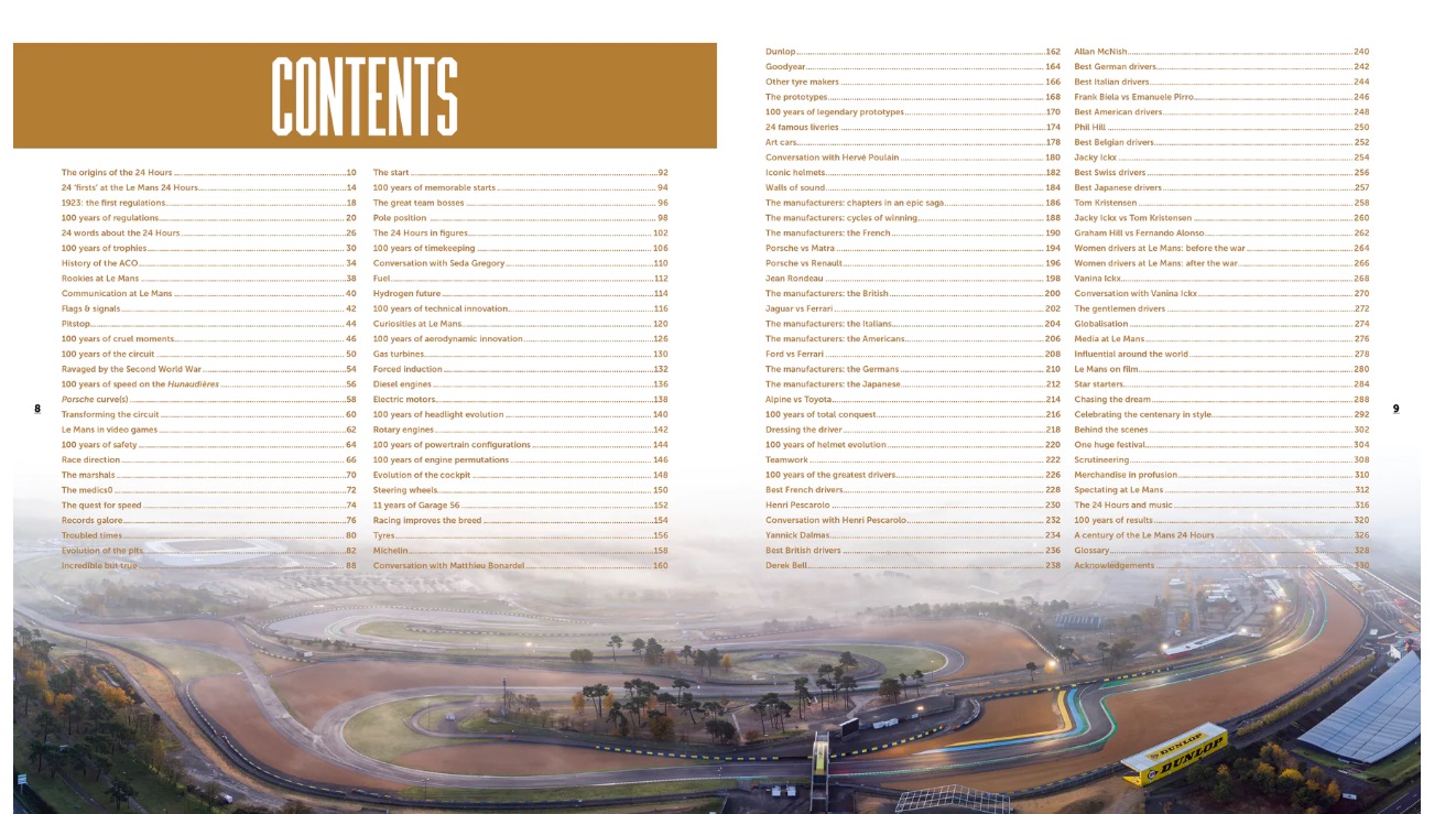 24 Hours Le Mans 1923-2023 - 100 Years of Legends Índice de conteúdos com título 'CONTENTS' e fotografia aérea de pista de corridas
