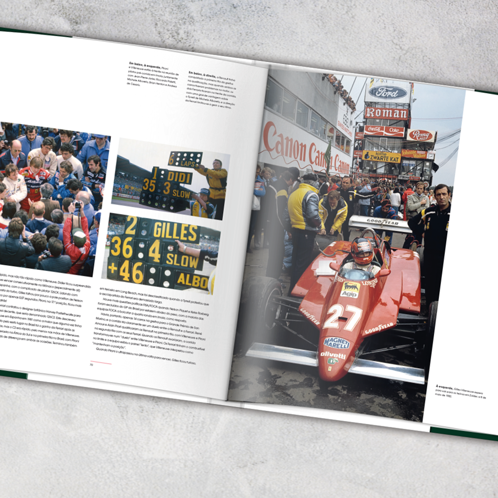 Fórmula 1 - As Controvérsias: Momentos Dramáticos Que Marcaram a F1 Livro aberto com fotos e texto sobre Fórmula 1, destacando carro de corrida vermelho número 27 e painéis de resultados.