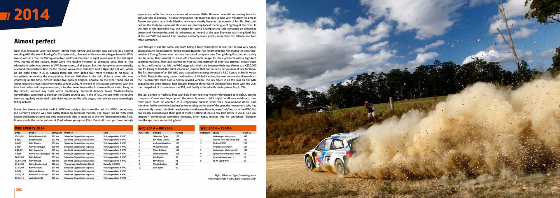 WRC 50 - The Story of the World Rally Championship 1973-2022 Página em português sobre 2014 e carro de rali branco na estrada de terra levantando poeira