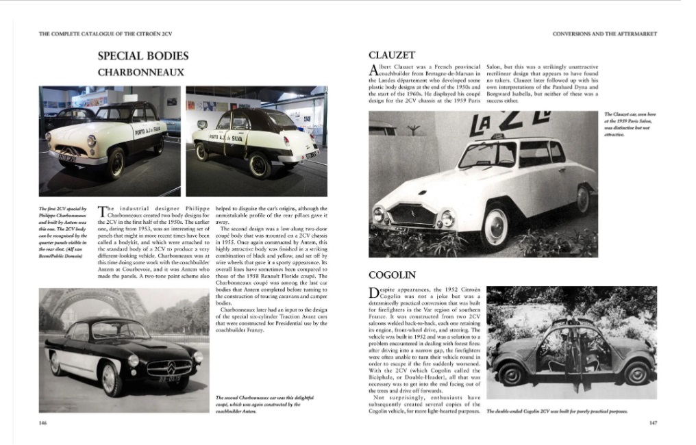 Complete Catalogue Citroen 2CV, all variants Inc. Ami, Dyane & Mehari Página de revista com fotos de carros clássicos e texto em inglês
