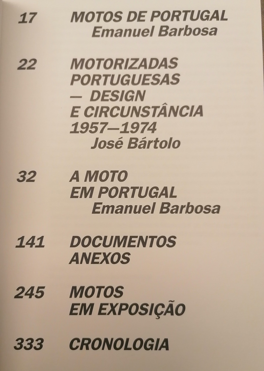 Motos de Portugal Página de índice de um livro em português sobre motos em Portugal