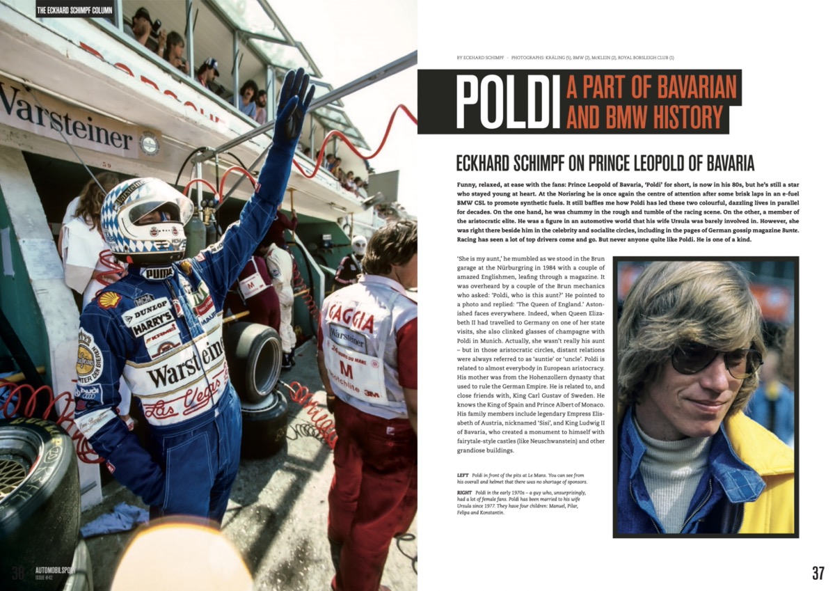 Stefan Bellof (Vol 42 Automobilsport) Piloto de corrida com fato azul e equipa de boxe, página de revista com título POLDI e fotografia de homem loiro com óculos