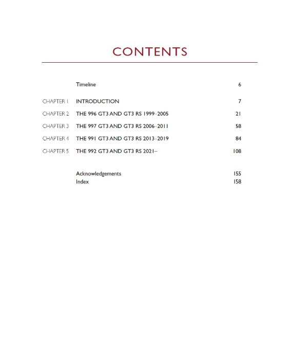 Porsche 911 GT3: Road and Track 1999-2024 Página de índice de um livro com capítulos e páginas