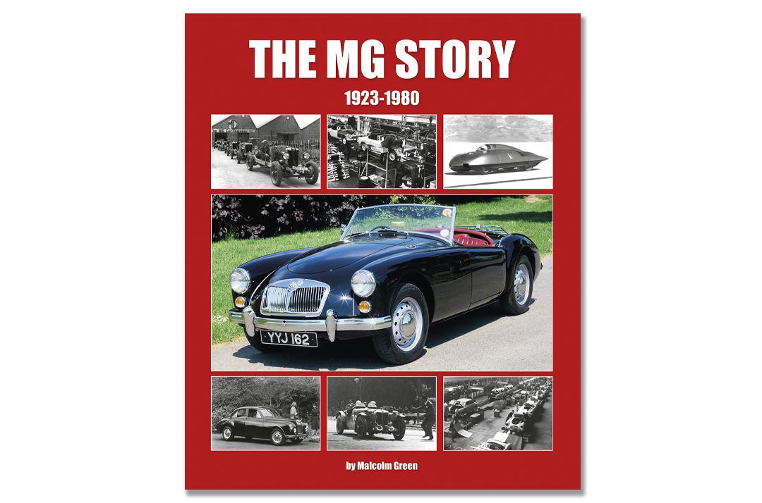 MG Story 1923-1980 Capa do livro THE MG STORY com fotos de carros clássicos MG em preto, branco e cor.