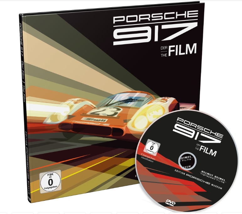 Porsche 917 - The Film - Premium Edition (Book & DVD) Caixa e disco DVD Porsche 917 DER THE FILM com imagem de carro de corrida.