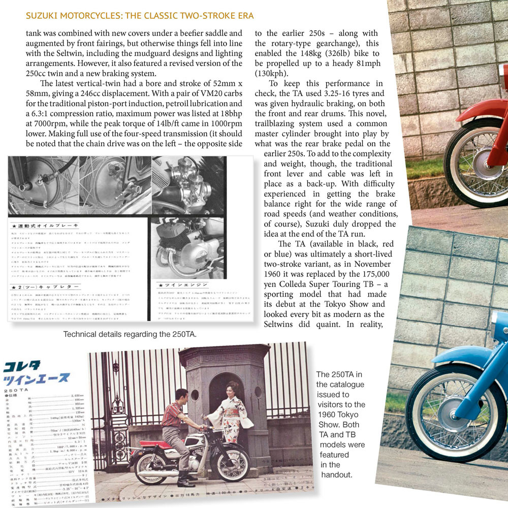 Suzuki Motorcycles - The Classic Two-stroke Era Página com texto em inglês e fotos de motocicleta Suzuki antiga e pessoas, sobre fundo de caderno azul quadriculado