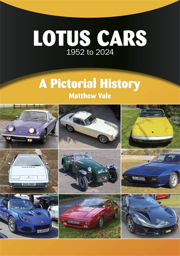 Lotus Cars 1952 to 2024: A pictorial History Capa de livro com fotos de carros Lotus e título em preto, branco e amarelo.