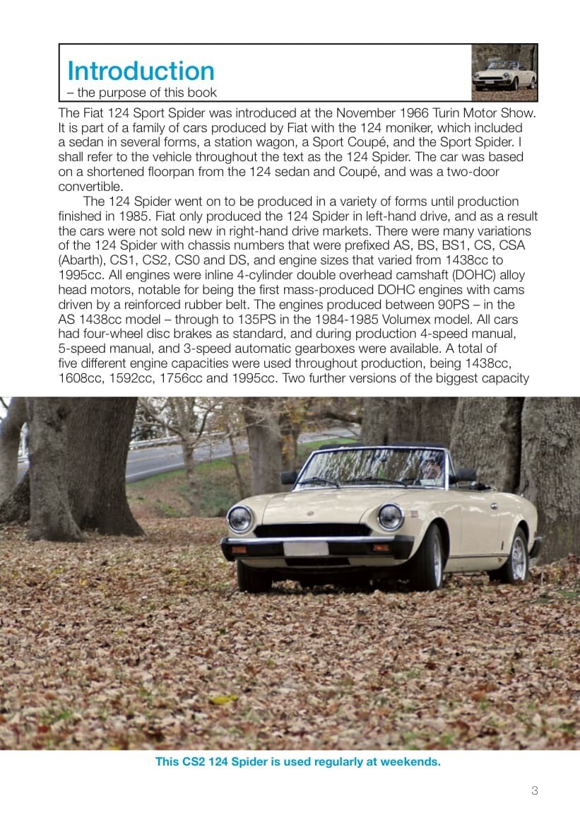 FIAT 124 Spider & Pininfarina Azzura Spider E.Buyers Guide Imagem do Fiat 124 Sport Spider branco descapotável numa página de livro com texto introdutório