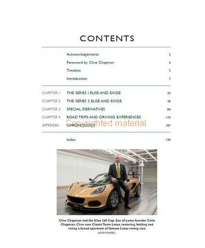Lotus Elise & Exige 1995-2020: The Complete Story Página de índice de livro com texto e fotografia de carro desportivo bege e homem formal