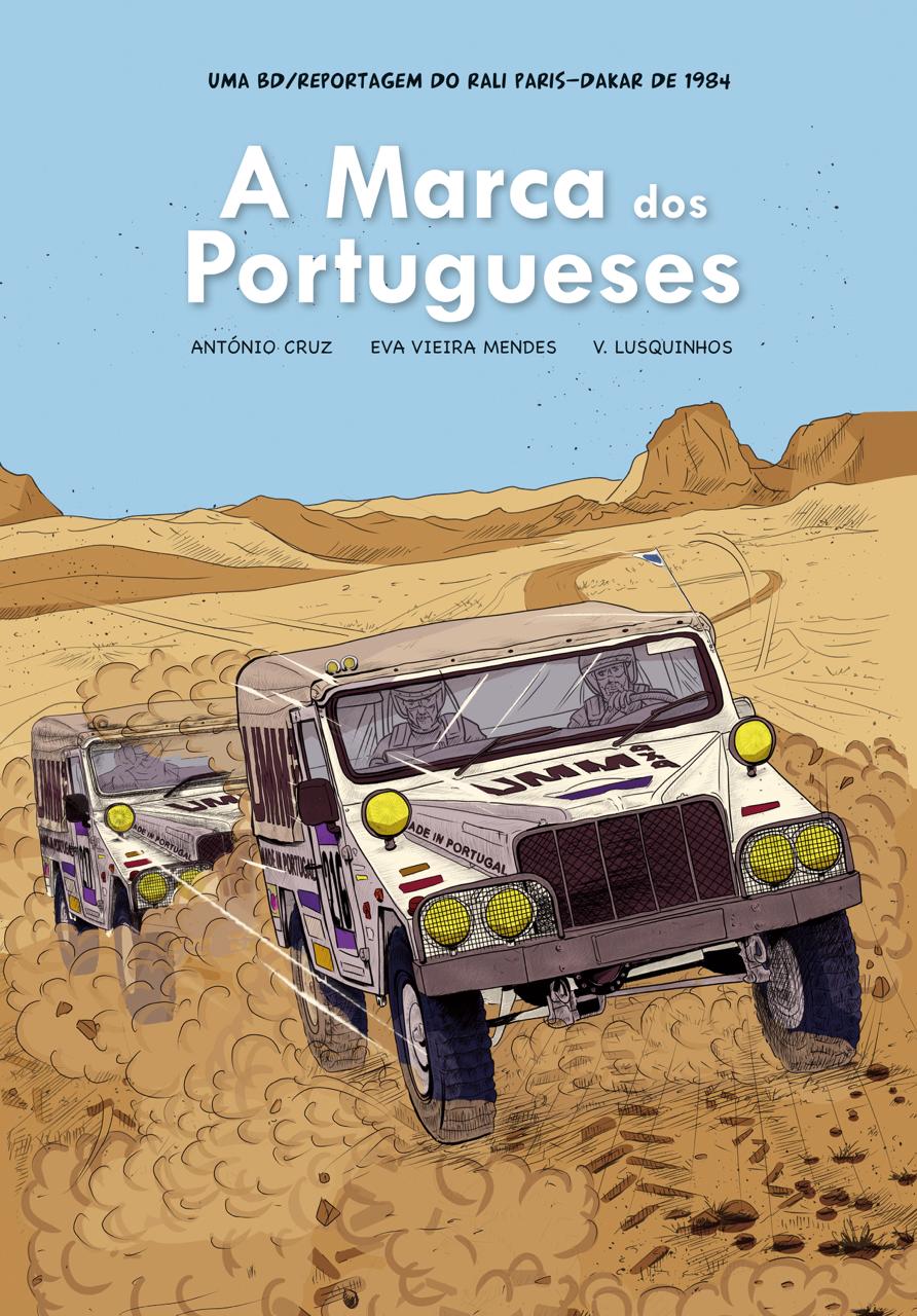 A Marca dos Portugueses Capa de banda desenhada com carros de rali a correr num deserto