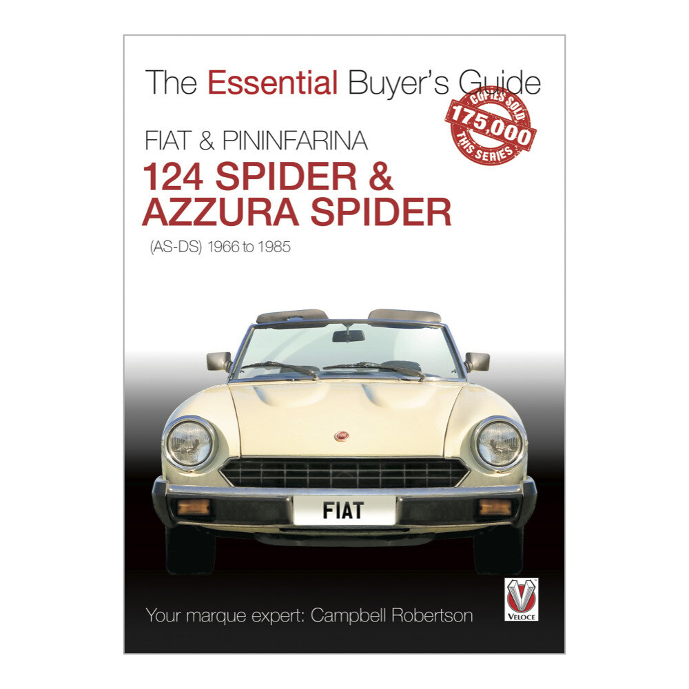 FIAT 124 Spider & Pininfarina Azzura Spider E.Buyers Guide Capa de livro sobre FIAT 124 Spider com imagem do carro descapotável bege na frente