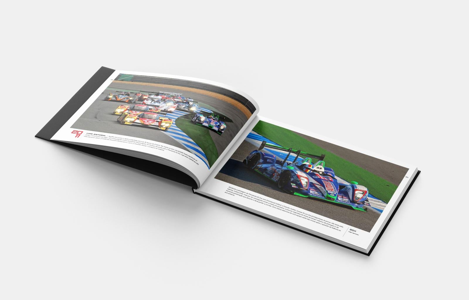 Le Mans em Portugal 1969-2023 Livro aberto mostrando fotos coloridas de carros de corrida na pista e texto relacionado a 24 horas de Le Mans.