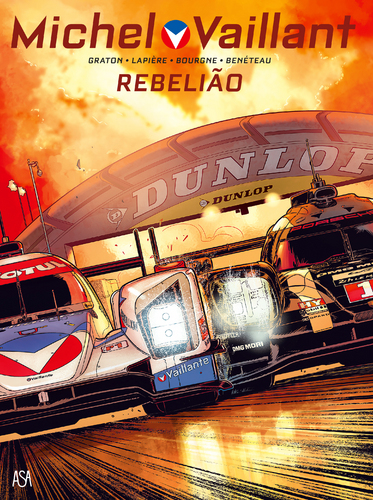 Michel Vaillant: Rebelião Capa de banda desenhada com dois carros de corrida num circuito sob o texto Michel Vaillant REBELIÃO