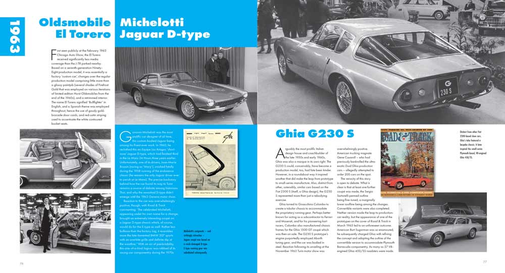 Concept Cars of the 1960's: Yesterday's Future Página de revista sobre carros clássicos Oldsmobile El Torero, Jaguar D-type e Ghia G230 S com fotos e texto em inglês