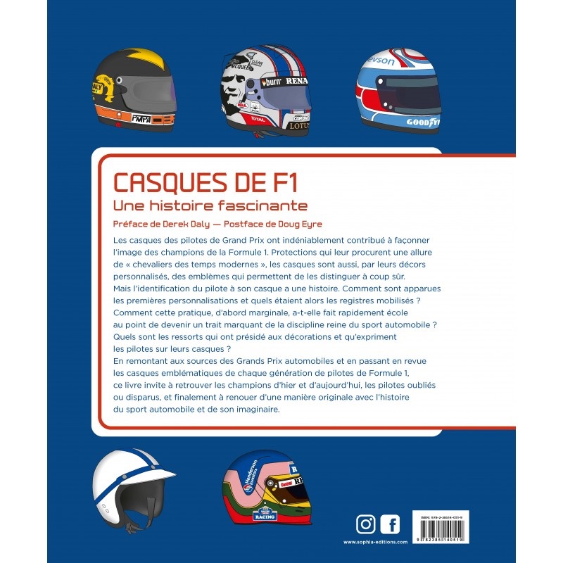 Casques de F1: Une Histoire Fascinante Três capacetes de Fórmula 1 com desenhos variados sobre fundo azul e texto explicativo em português.