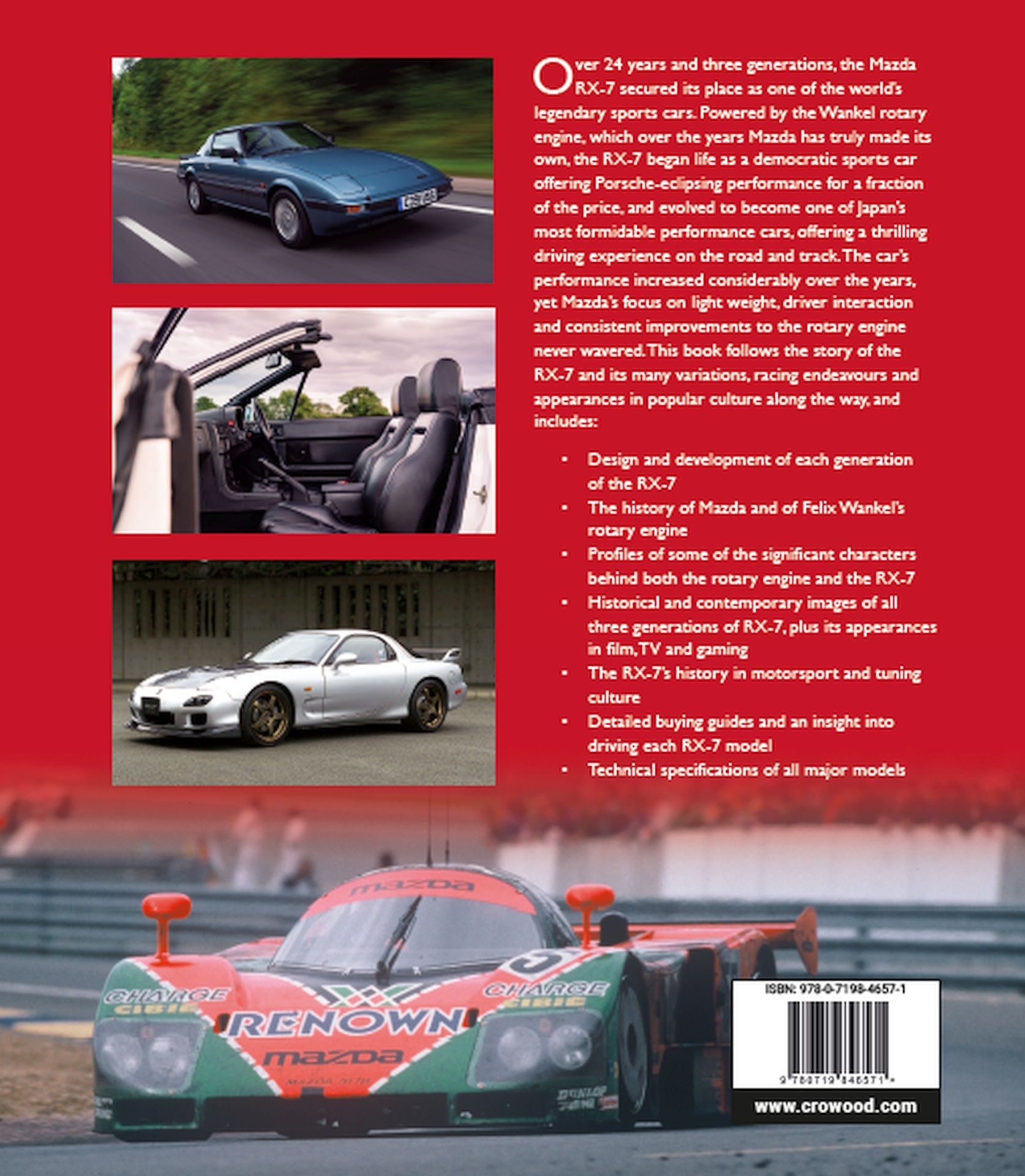 Mazda RX-7: The Complete Story Livro com imagens de carros Mazda RX-7 clássicos e de corrida com texto informativo em fundo vermelho.