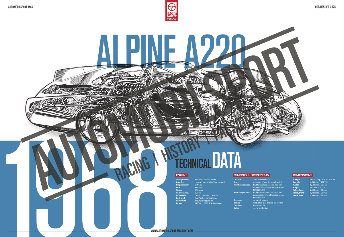 Alpine in racing and rallying 1952-1978 (Vol 46 automobilsport) Desenho técnico do veículo Alpine A220 com texto informativo sobre uma base azul.