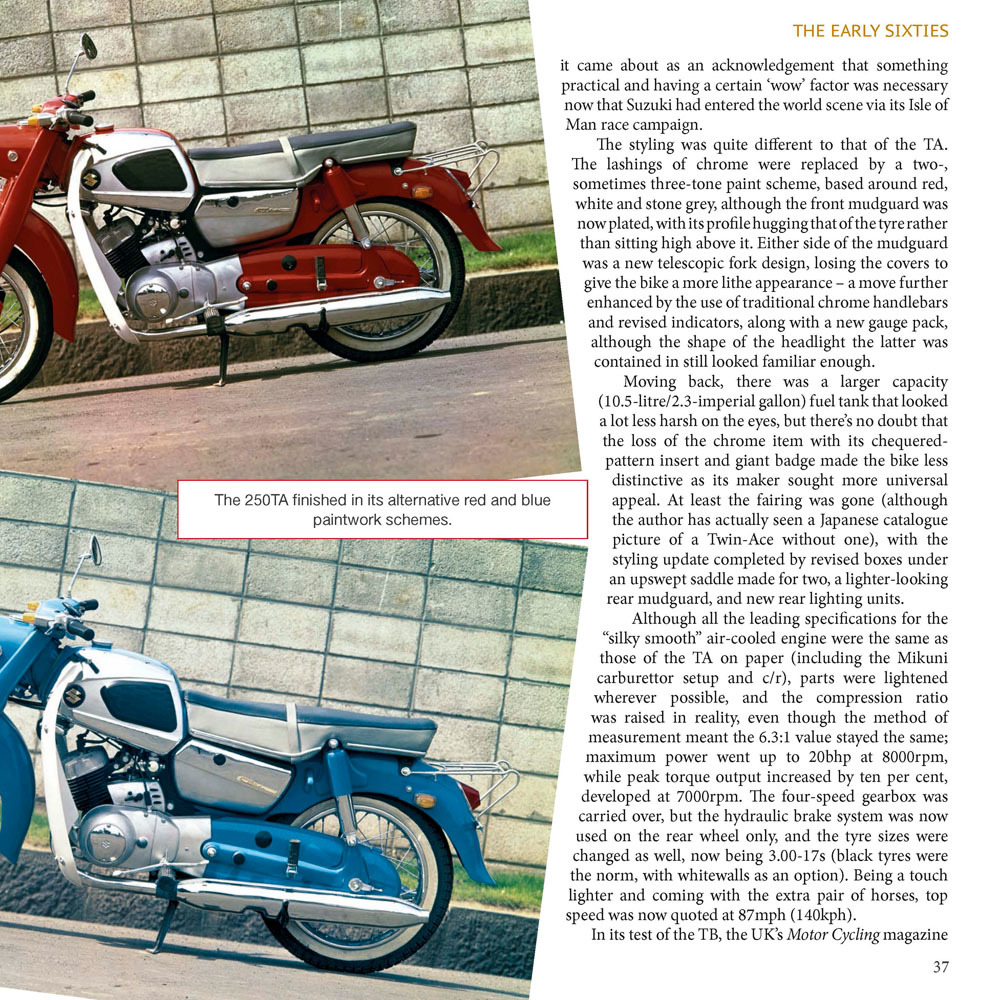 Suzuki Motorcycles - The Classic Two-stroke Era Duas motocicletas Suzuki 250TA em vermelho e azul com branco contra parede de blocos