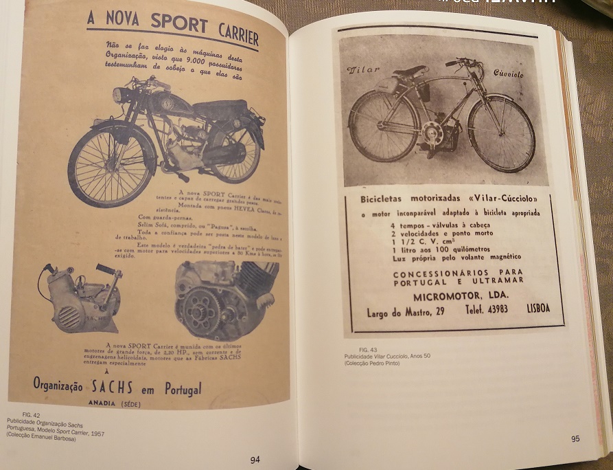 Motos de Portugal Página de livro antigo com anúncios de motos e bicicletas em português.