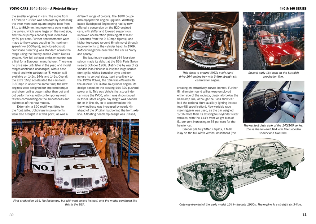 Volvo Cars 1945-1995: A Pictorial History Carro Volvo 164 branco com texto NO. 1 164 rodeado por pessoas numa fábrica