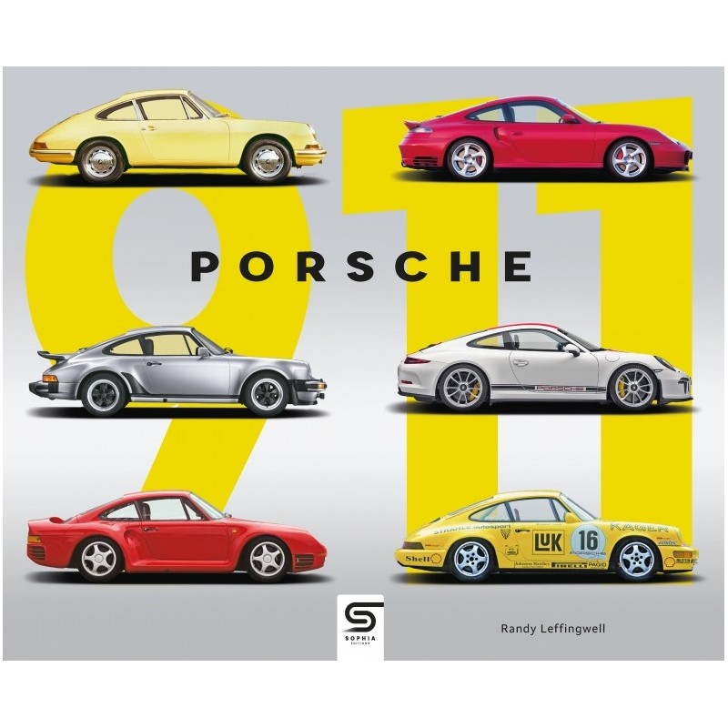 Porsche 911 Seis carros Porsche de diferentes cores e modelos com texto 'PORSCHE' central e número '911' amarelo ao fundo.
