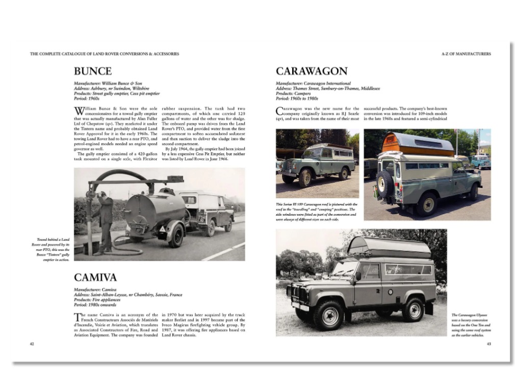 Complete Catalogue Land Rover Conversions & Accessories Página de catálogo com fotos e descrições de veículos clássicos Bunce, Camiva e Carawagon.