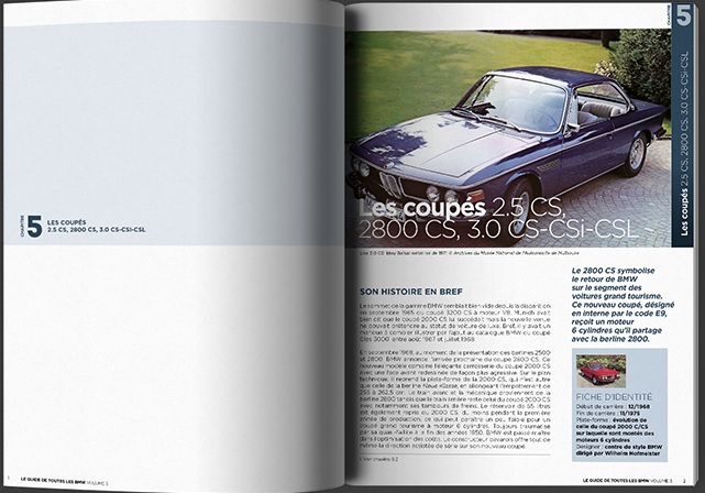 BMW 1500-2002, 2500-2800-3.0S, 3.0 CS (Vol 3) Página de revista com foto de automóvel clássico azul e texto técnico