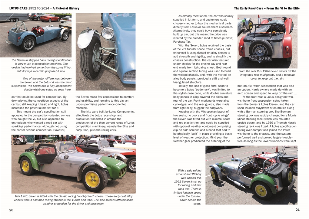 Lotus Cars 1952 to 2024: A pictorial History Página de revista mostrando vários carros Lotus Seven clássicos em cores diferentes e texto explicativo.