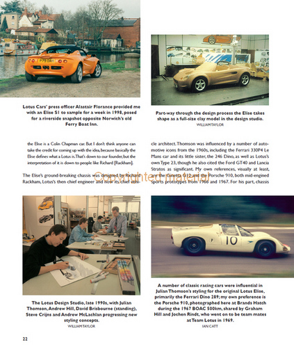 Lotus Elise & Exige 1995-2020: The Complete Story Página de revista com fotos do Lotus Elise, designers e carros de corrida em diferentes cenários.