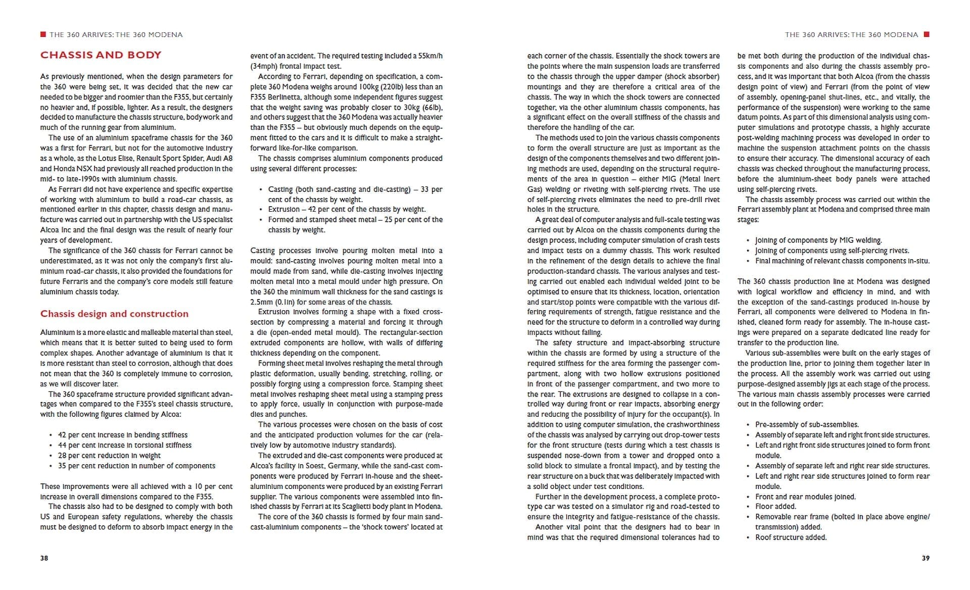 Ferrari 360: The complete story Página de livro com texto em inglês sobre chassis e carroçaria do Ferrari 360 Modena