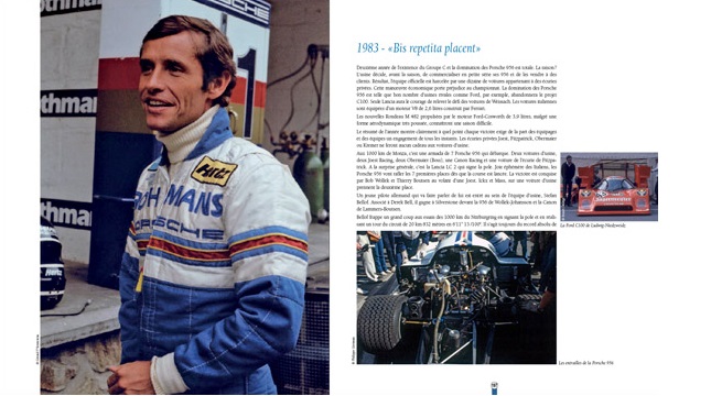 Francorchamps formule Ickx Homem com fato de corrida Rothmans Porsche e página de revista com texto e fotos de carro de corrida