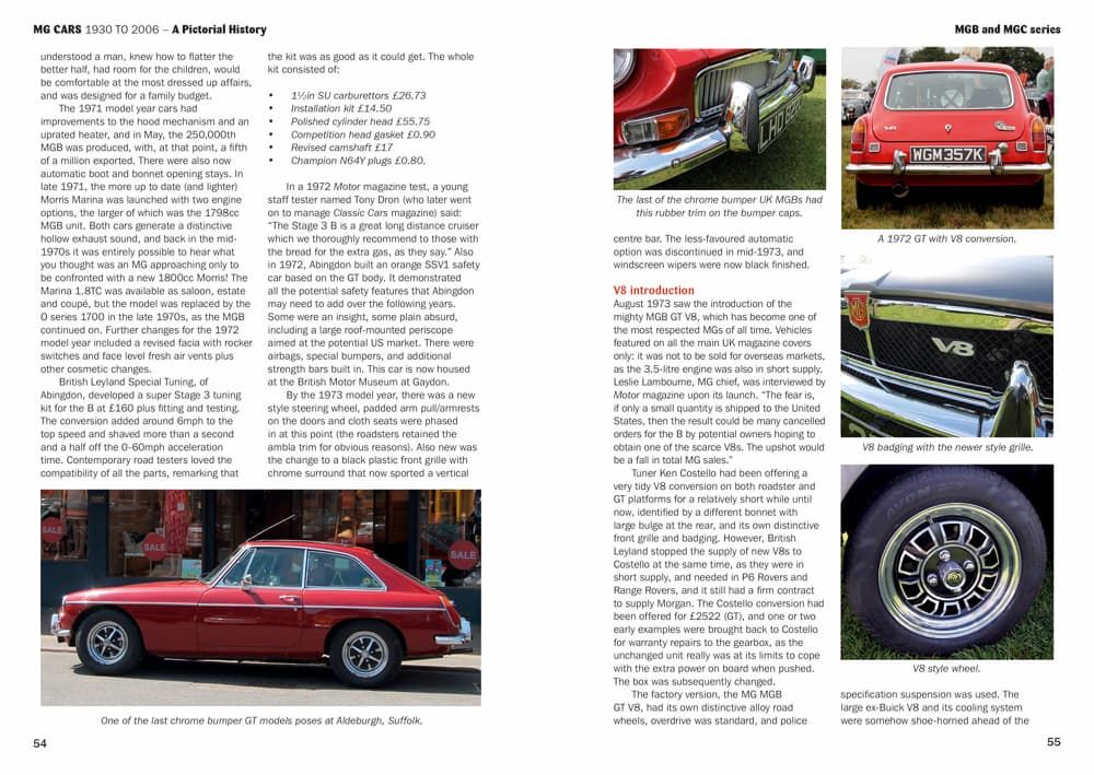 MG Cars 1930 to 2006: A Pictorial History Página de livro com fotos e texto sobre o carro Morris 1100 vermelho