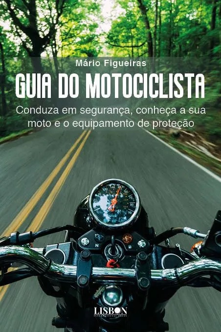 Guia do Motociclista Capa de livro Guia do Motociclista com guiador de mota numa estrada