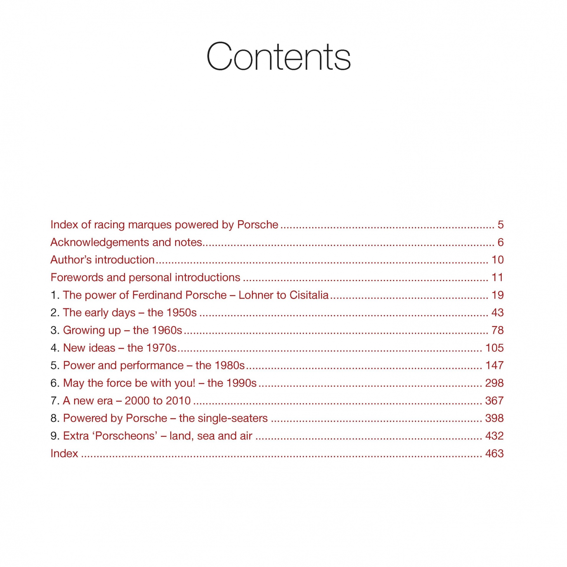 Powered by Porsche: the alternative race cars Índice de conteúdos de livro com títulos e números de página em texto preto e vermelho