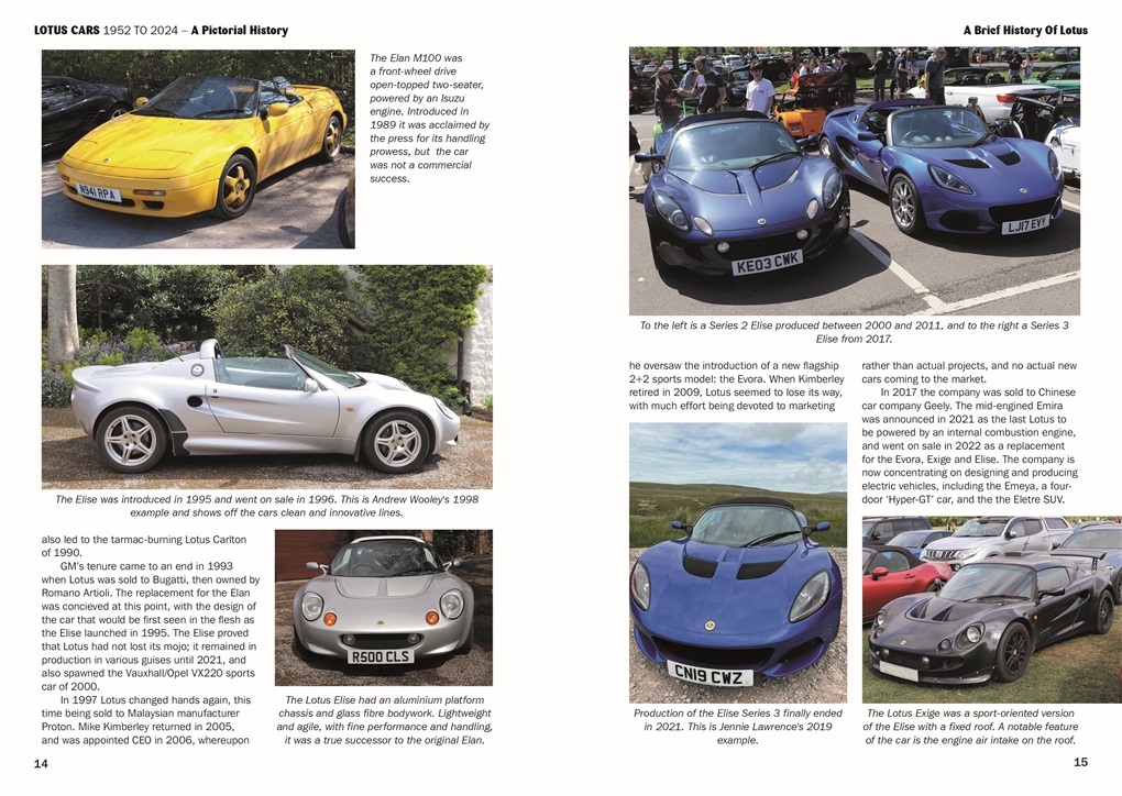 Lotus Cars 1952 to 2024: A pictorial History Carros esportivos Lotus em várias cores e ambientes exteriores