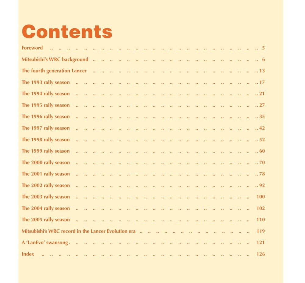 Mitsubishi Lancer Evo Página com índice de conteúdos de livro sobre Mitsubishi WRC em fundo bege