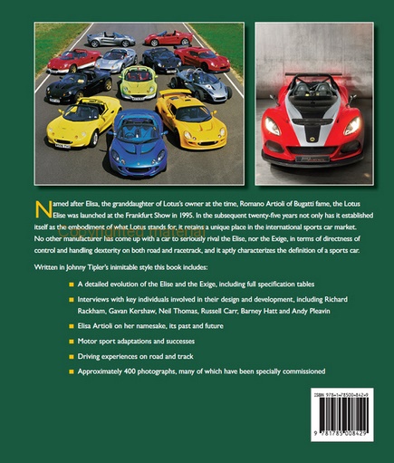 Lotus Elise & Exige 1995-2020: The Complete Story Miniaturas de carros desportivos Lotus de várias cores dispostos em formação sobre superfície cinzenta