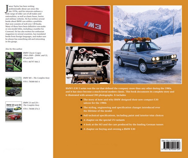 Bmw E30 - The Complete Story Livro sobre BMW E30 com imagens de carro cinzento a conduzir na neve e detalhes do automóvel